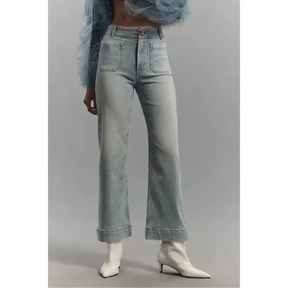 Anthropologie Maeve The Colette Sparkle Rhinestone Wide Leg Cropped Jeans 27 - Picture 4 of 9